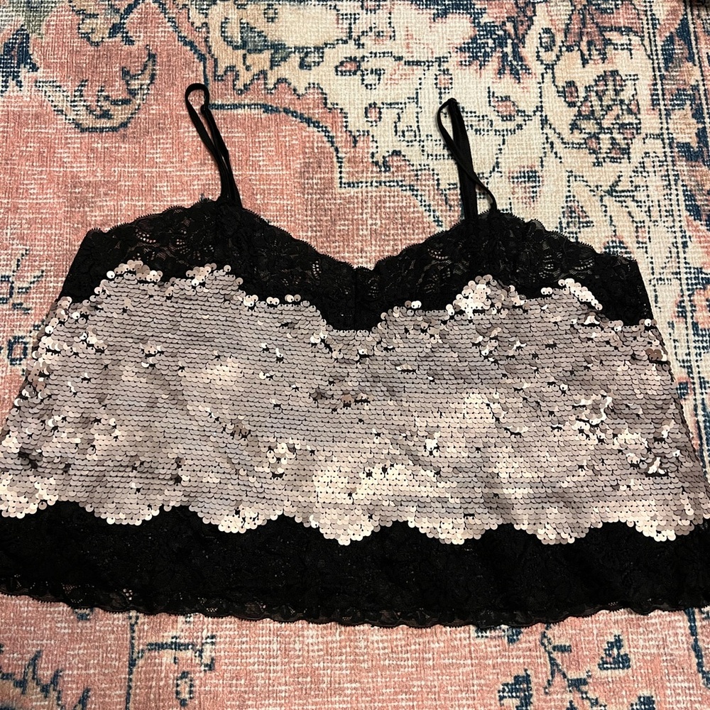 Express Lace and Flip Sequin Adjustable Cropped Tank